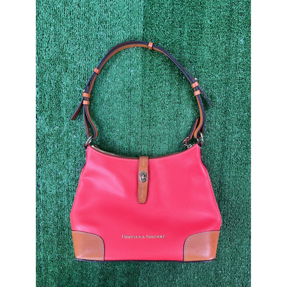 Dooney & Bourke Red Pebble Grain Leather Hobo Shoulder Bag Tan Trim Chevron